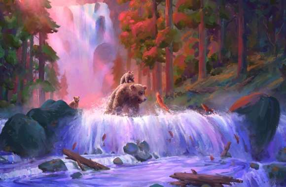 Artistic Bear at Waterfall