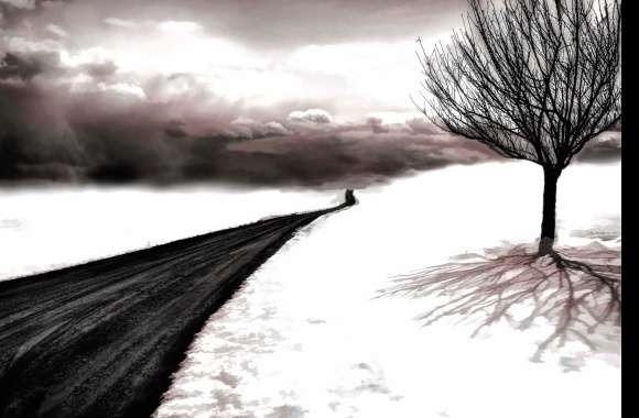 Artistic Black & White Snowy Road Under a Dramatic Sky