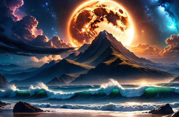 Artistic Landscape Moon Mountain Beach wallpapers hd quality