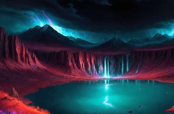 Artistic Waterfall AI Art Mountain Thunderstorm