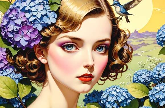 Artwork painting woman lips rosy cheeks intense gaze garden setting realistic style vibrant
