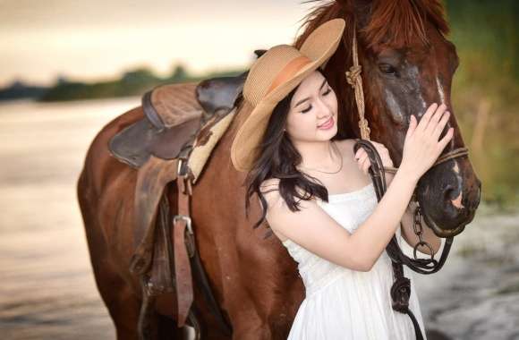 Asian Beauty in White Dress with Horse