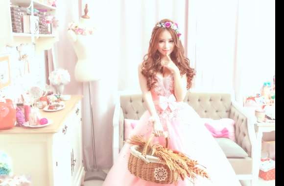 Asian Model in Pink Dress with Wreath -