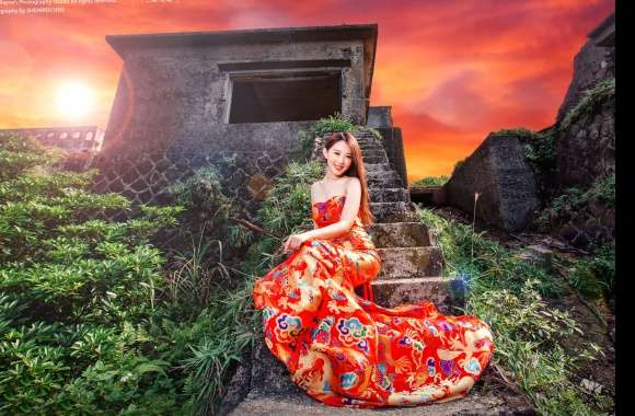 Asian Model in Sunset Ruins -