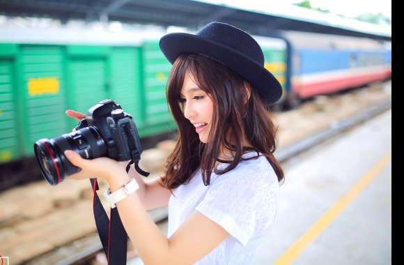 Asian Woman with Camera and Hat wallpapers hd quality