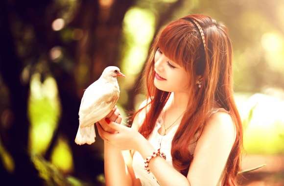 Asian Woman with Red Hair and Dove - wallpapers hd quality