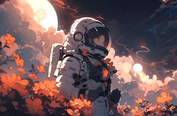 Astronaut Amidst Cosmic Blossoms