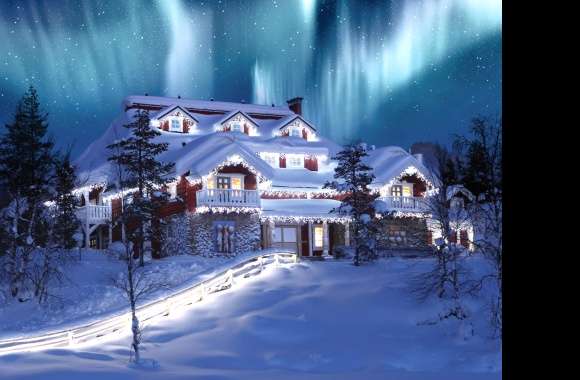 Aurora Winter Mansion HD Holiday Wallpaper