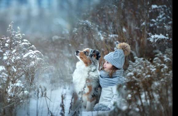 Australian Shepherd Dog Hat Little Girl Winter Photography Child wallpapers hd quality