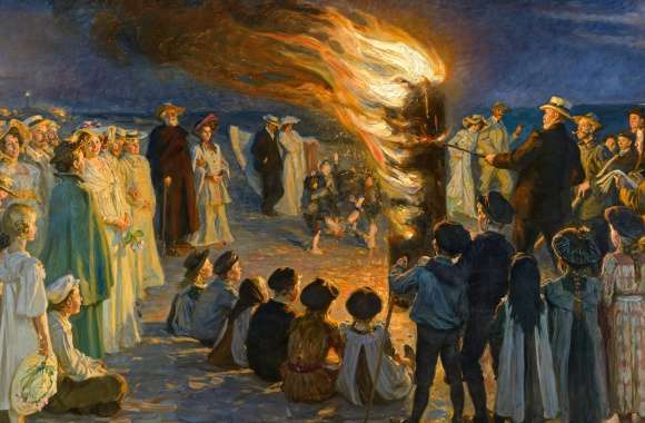 Beach Denmark Bonfire Crowd Fire Artistic Painting