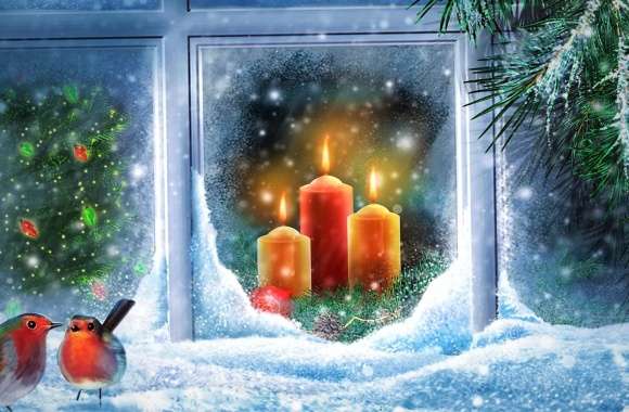 Bird Light Candle Snow Window Holiday Christmas Wallpaper