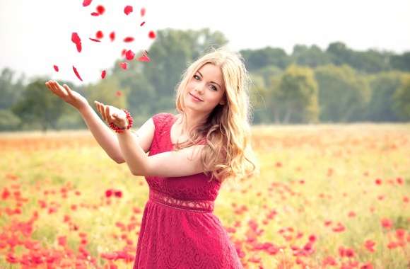 Blonde Beauty in Red Dress - HD Field Wallpaper