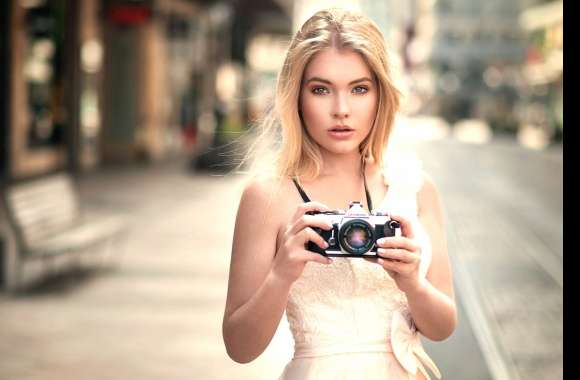 Blonde Model with Olympus Camera -