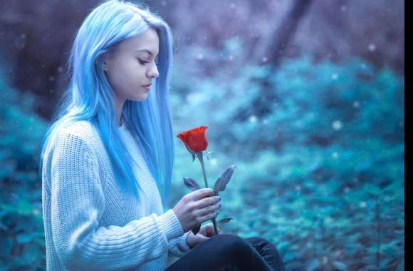 Blue-Haired Serenity with Red Rose -