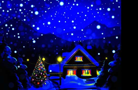 Blue Tree Snow Light Christmas Tree House Holiday Christmas