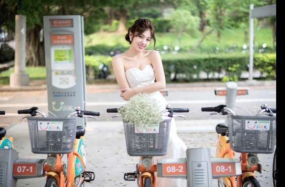 Bride in Wedding Dress with Bicycle -