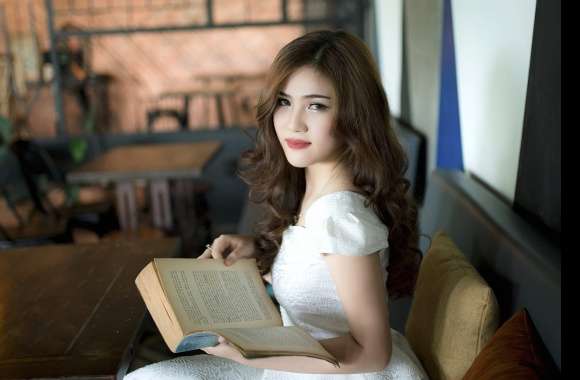 Brunette in White Dress Reading - wallpapers hd quality