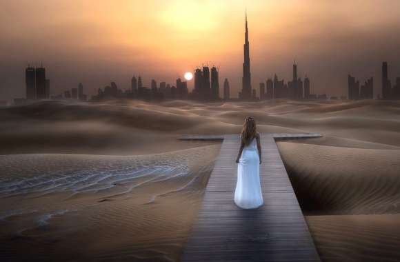 Burj Khalifa Skyscraper City Rear White Dress Sand Desert Photography Manipulation