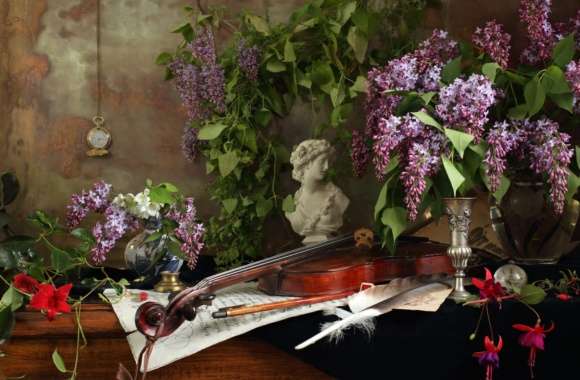 Bust Vase Pocket Watch Feather Fuchsia Sheet Music Instrument Violin Flower Photography Still Life