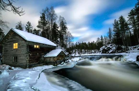 Cabin Forest River House Snow Photography Winter