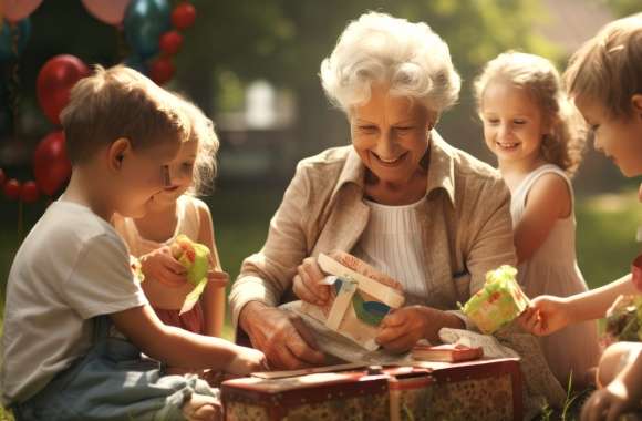 Cherished Moments AI Art Grandmother with Grandchildren Wallpaper