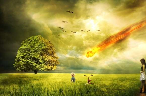 Child Meteorite Cloud Tree Little Girl Green Field CGI Photography Manipulation