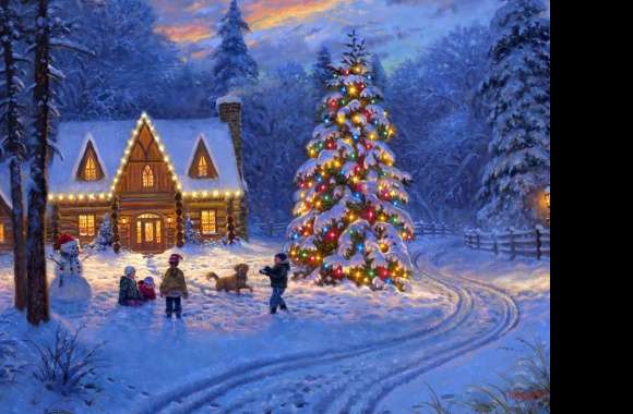 Child Snowman Light Christmas Tree House Snow Holiday Christmas Wallpaper