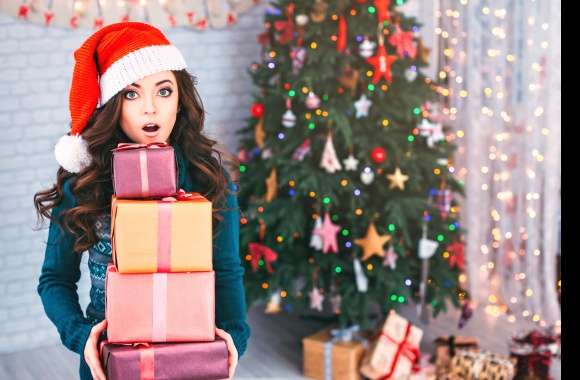 Christmas Tree Gift Santa Hat Blue Eyes Brunette Model Holiday Christmas wallpapers hd quality