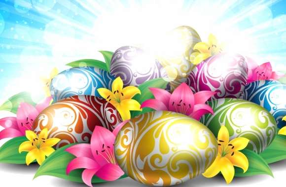 Colorful Easter Eggs and Lilies -