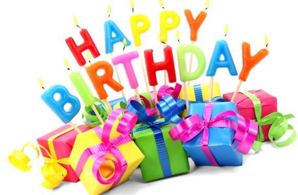 Colorful Happy Birthday with Gifts and Candles