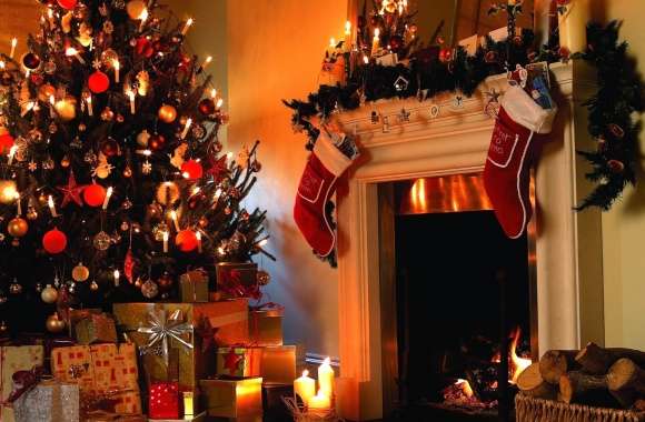 Cozy Christmas Charm of Ornaments and a Warm Fireplace