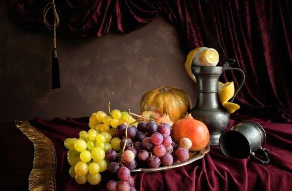 Cup Pitcher Gourd Grapes Curtain Fruit Photography Still Life wallpapers hd quality