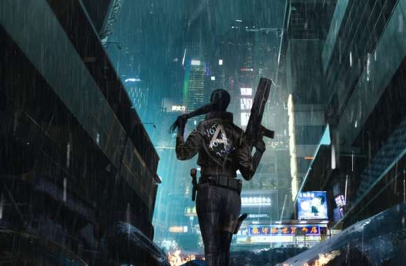 Cyberpunk Rain Sci-Fi Street Heroine