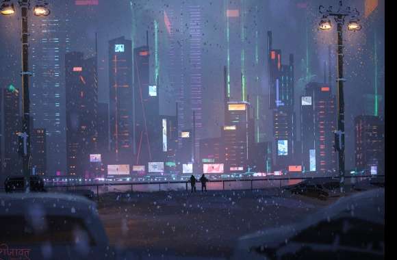 Cyberpunk Winter Night Cityscape