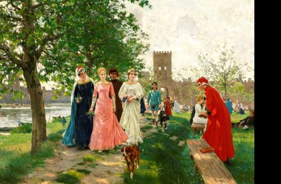 Dante Crowd River Park Romantic Artistic Painting