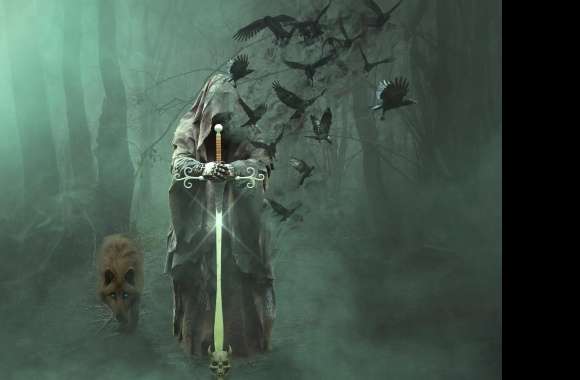 Dark Fantasy Skull, Crow, Sword & Wolf -