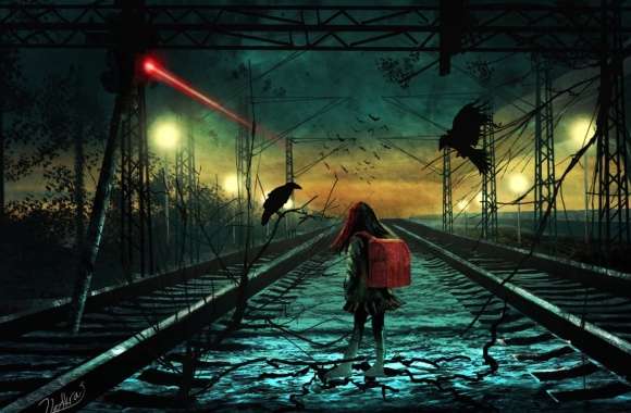 Dark Night Schoolgirl at Train Station wallpapers hd quality