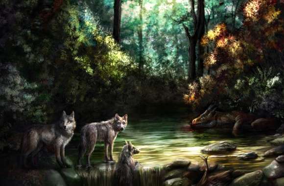 Dark Tree Wolf Artistic Forest Wallpaper