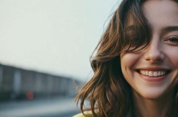 Double exposure woman happy confident smiling eyes closed wind high angle urban setting