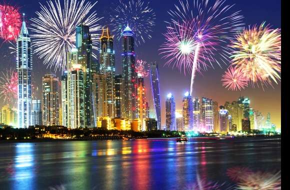 Dubai Nightscape Colorful Fireworks in wallpapers hd quality