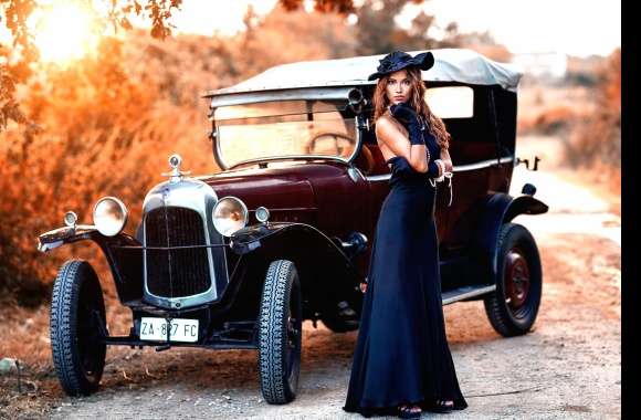 Elegant Brunette with Vintage Car