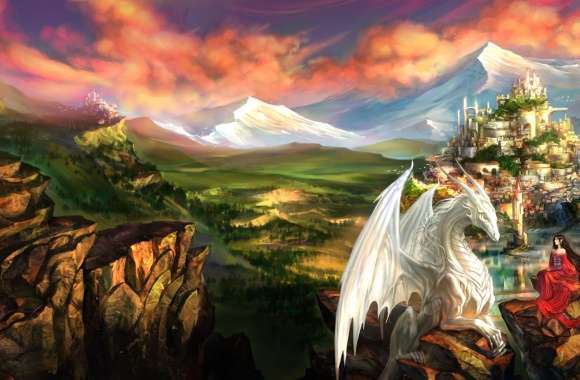 Elven Castle & Dragon - Fantasy Landscape