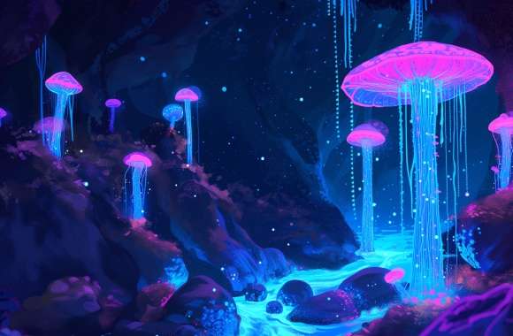 Enchanted Bioluminescent Mushroom Cave