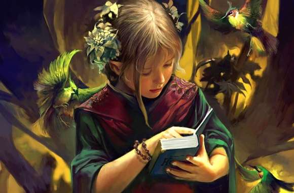 Enchanted Reading - Fantasy Elf Child with Birds