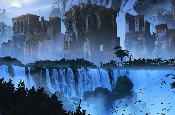 Enchanted Ruins Fantasy Waterfall wallpapers hd quality