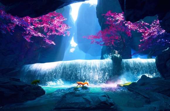 Enchanted Waterfall with Fox - wallpapers hd quality