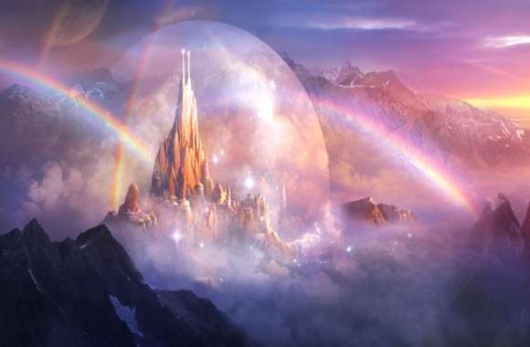 Enchanting Castle Rainbow HD Fantasy Mountain Wallpaper