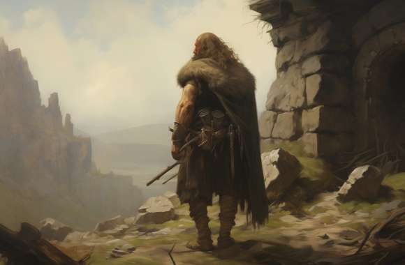 Enigmatic Warrior at Ancient Ruins - HD Cloaked Figure Wallpaper