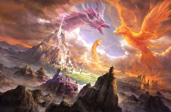 Epic Phoenix and Dragon Battle - Fantasy Castle City