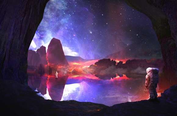 Explore the Cosmic Cave - HD Sci-Fi Wallpaper